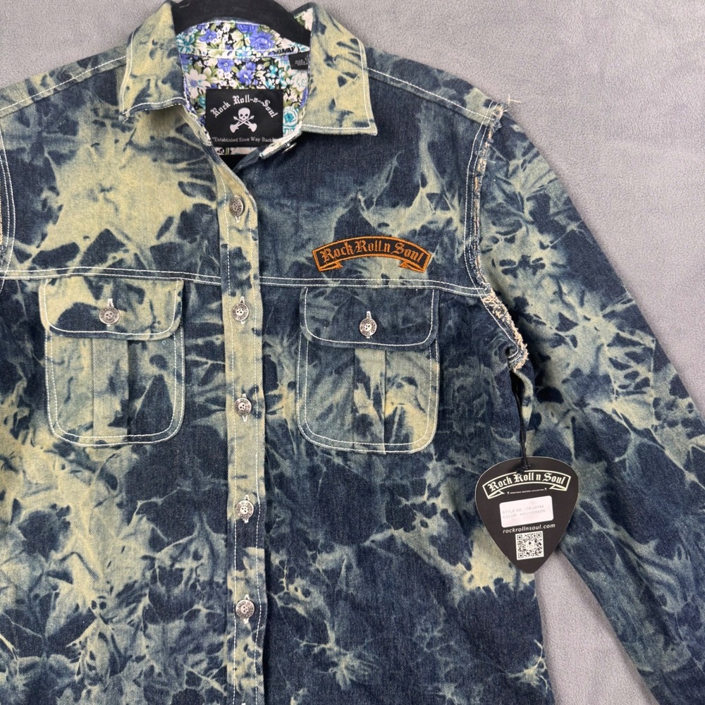 Rock Roll n Soul Navy Green Acid Wash Denim Shirt RRJW198 Small‎ NEW